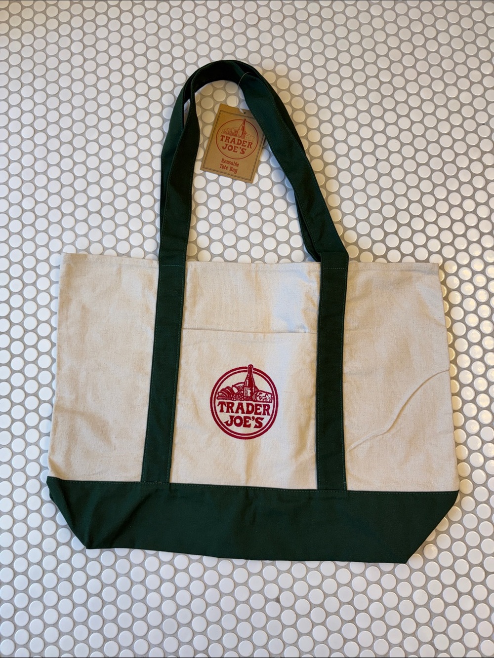 Trader Joe's Cream & Dark Green Canvas Tote Bag